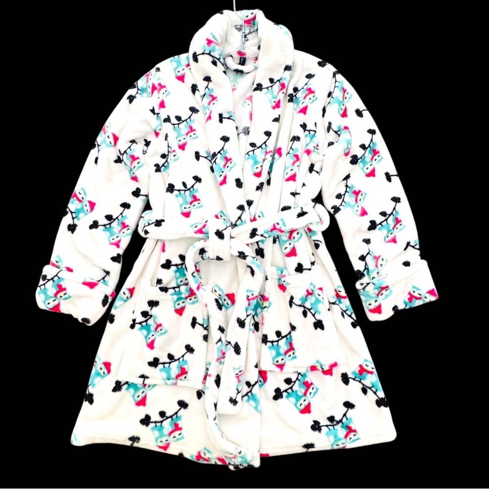 NWOT Cynthia Rowley Super Soft & Fluffy White Robe Owl Print Tie Front Robe